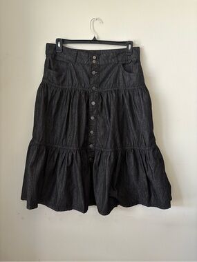 Time and Tru Black Tiered Button-Front A-Line Denim Skirt
